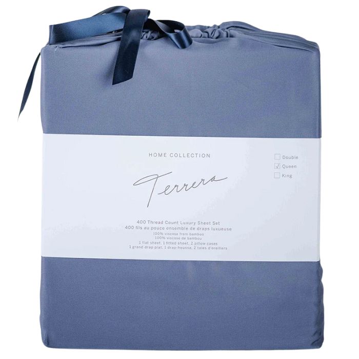 Mineral blue sheet set- flat sheet, fitted sheet and two pillowcases in cloth bag