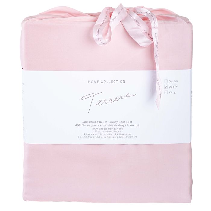 Pale rose pink sheet set- flat sheet, fitted sheet and two pillowcases in cloth bag