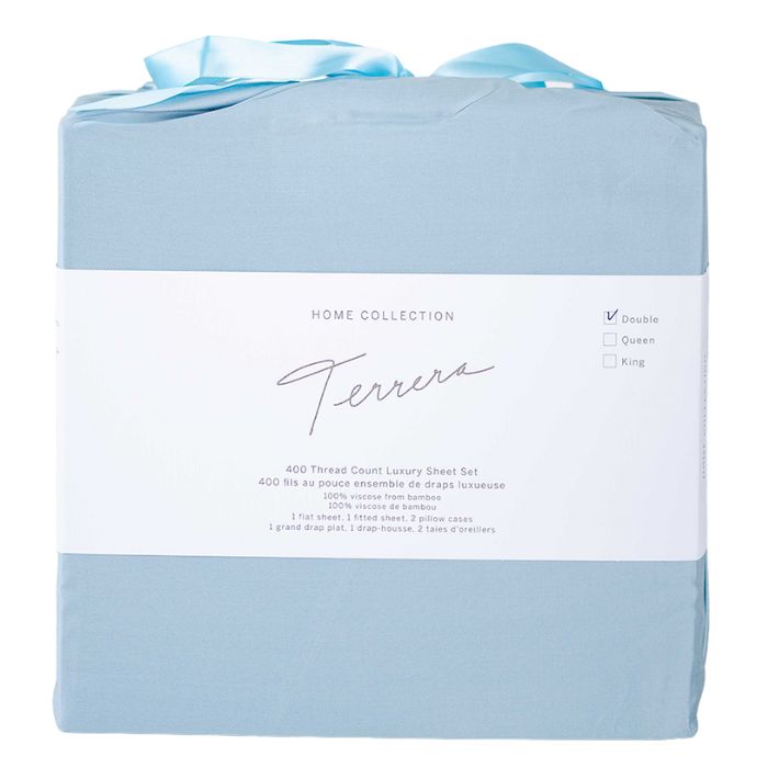 Sky blue sheet set- flat sheet, fitted sheet and two pillowcases in cloth bag