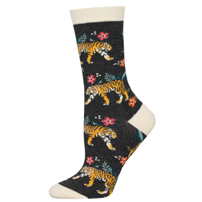 tiger florals sock charcoal grey sock with tigers and flowers print.
