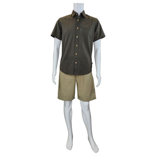 white mannequin wearing army green will button up shirt and taupe brown craig shorts front view on white background