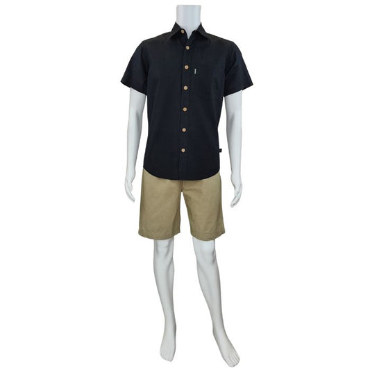 white mannequin wearing black will button up shirt and taupe brown craig shorts front view on white background