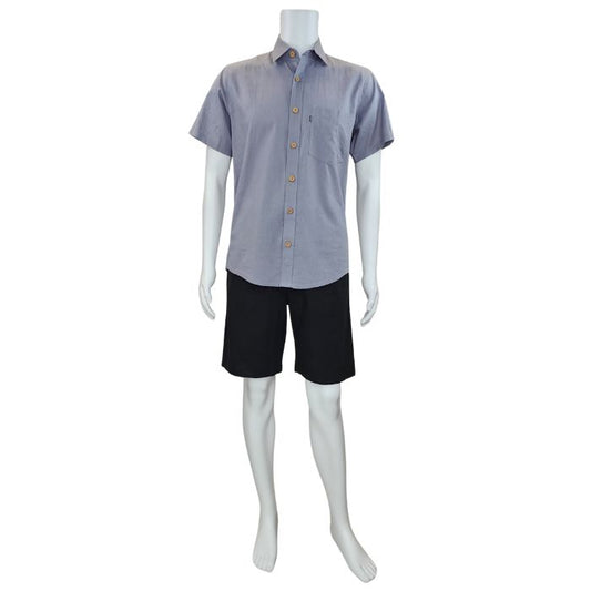 white mannequin wearing grey will button up shirt and black craig shorts front view on white background