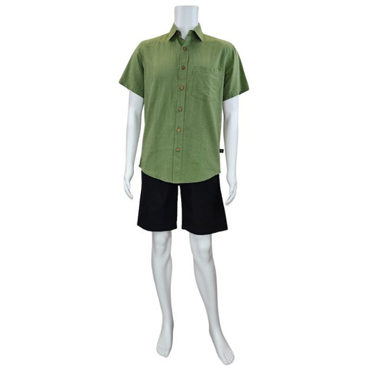 white mannequin wearing celery green will button up shirt and black craig shorts front view on white background