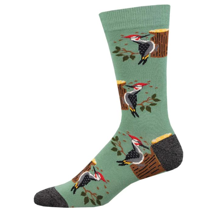 Woodpecker sock green sock with woodpecker bird print.