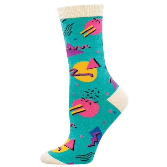 90's vibes sock teal green crew sock with colourful shape print