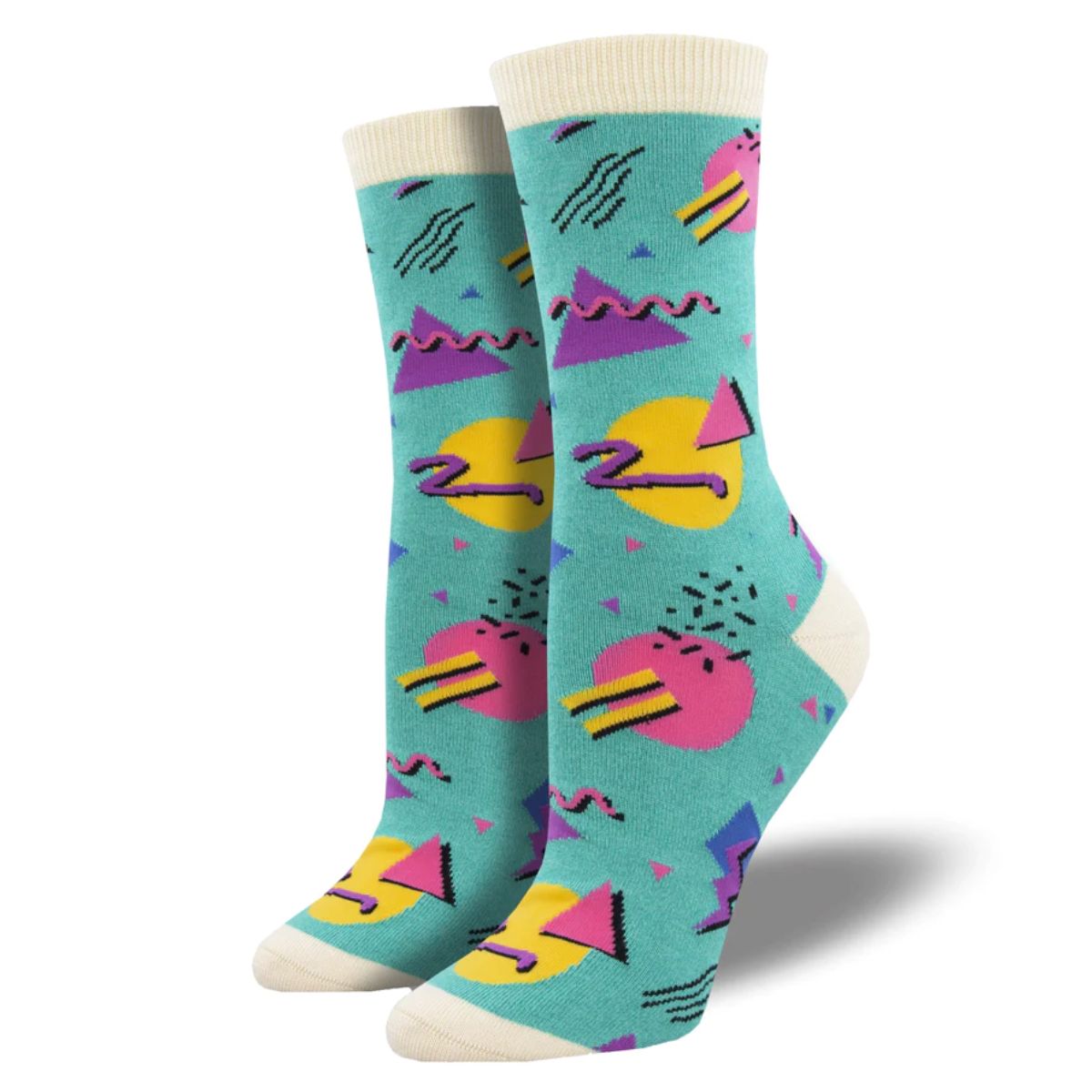 90's vibes socks a pair of teal green crew socks with funky shape print