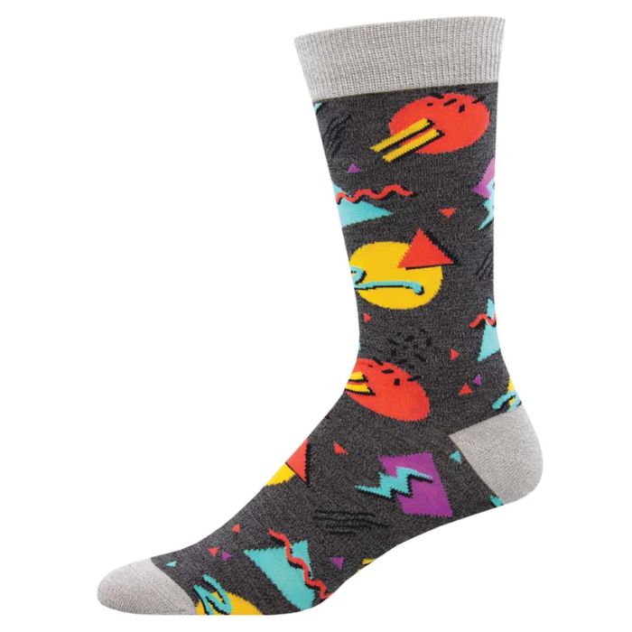 90's vibes sock charcoal grey crew sock with colourful shape print