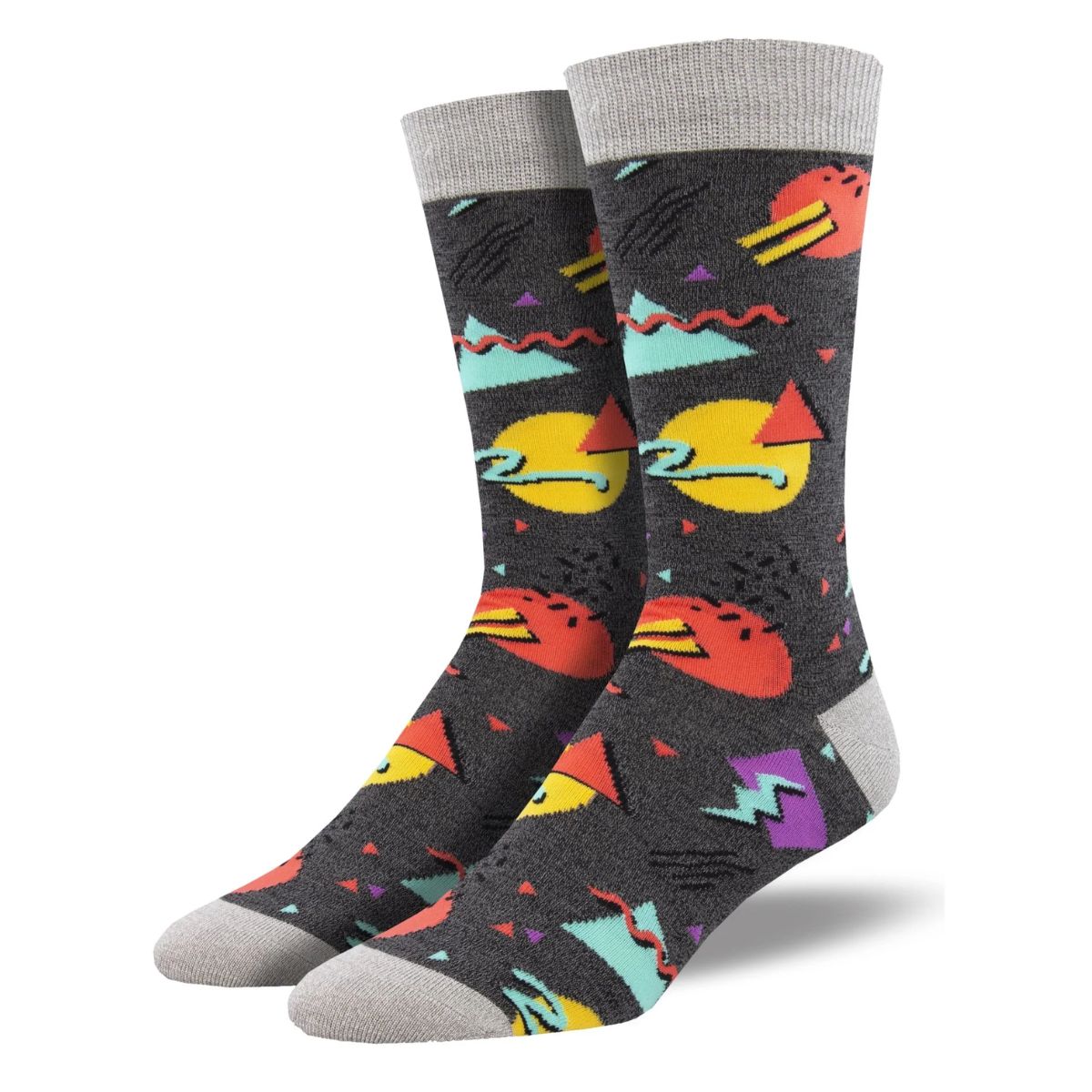 90's vibe socks a pair of charcoal grey crew socks with funky shape print