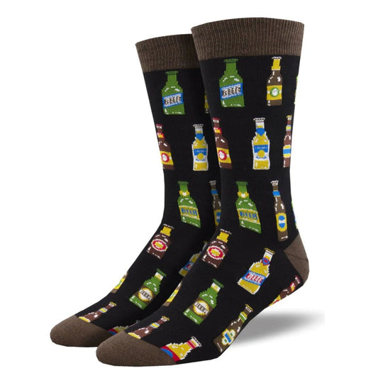 99 bottle socks a pair of black crew socks with beer bottle print