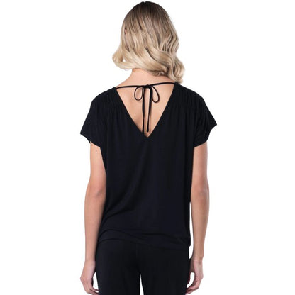 Alicia V neck top black back view top only on model