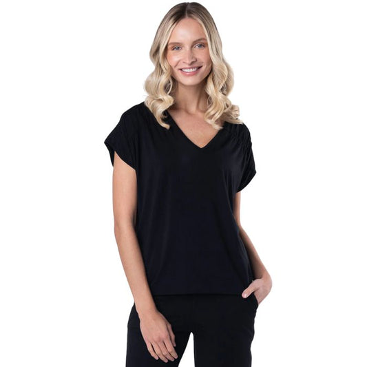 Alicia V neck top black front view top only on model