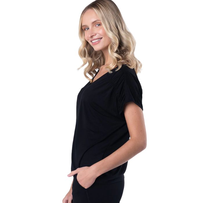 Alicia V neck top black side view top only on model