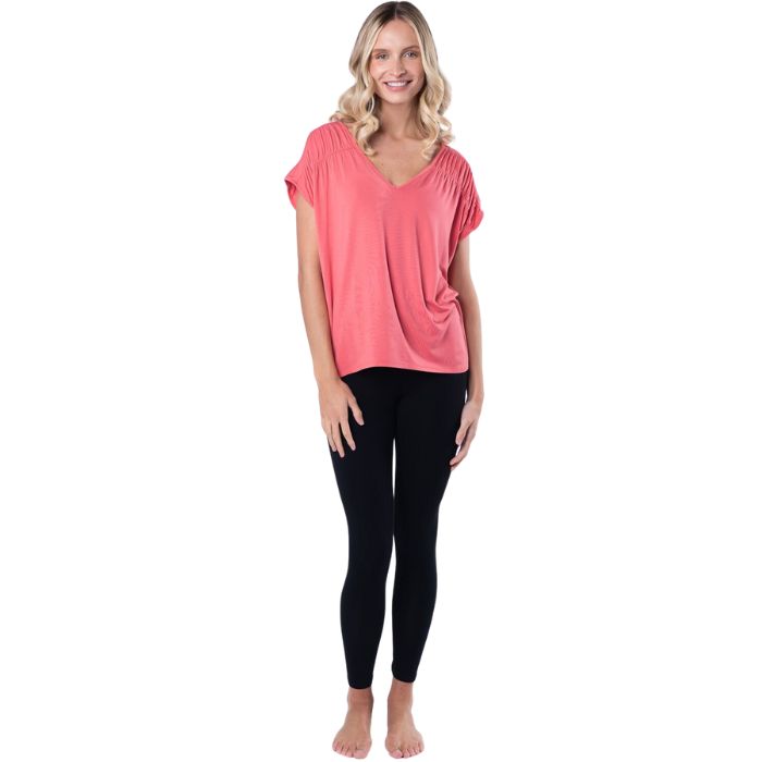 Alicia V neck top coral pink full body front view on model