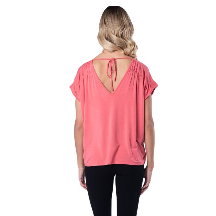 Alicia V neck top coral pink back view top only on model