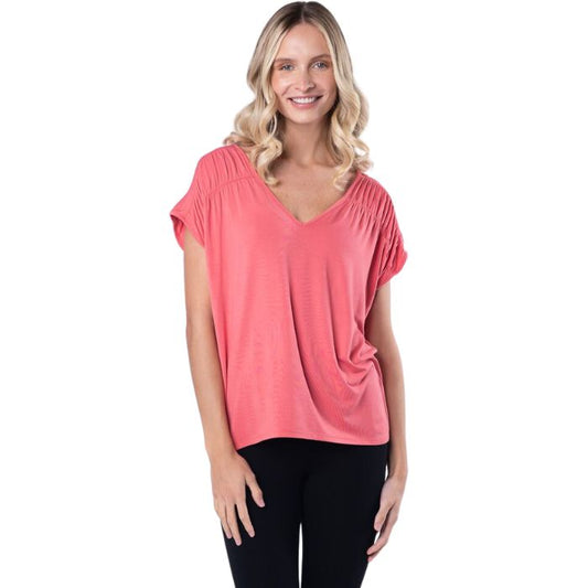 Alicia V neck top coral pink front view top only on model