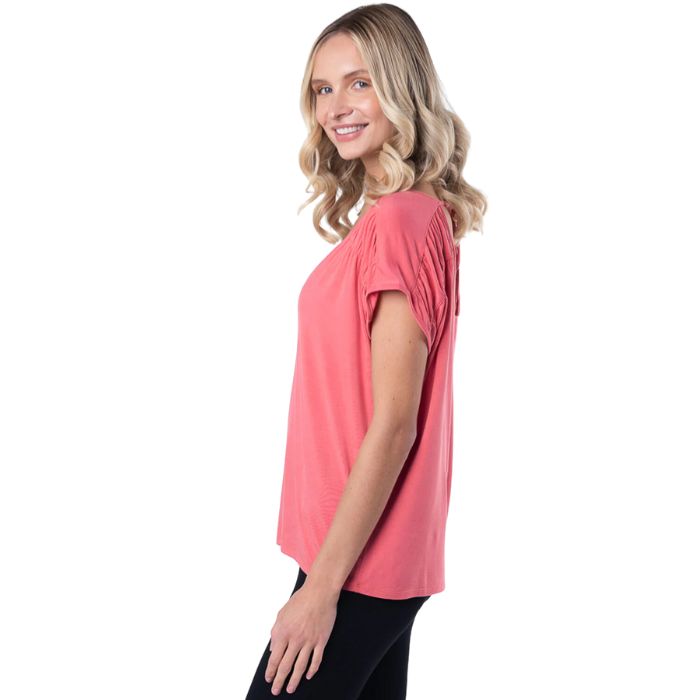 Alicia V neck top coral pink side view top only on model