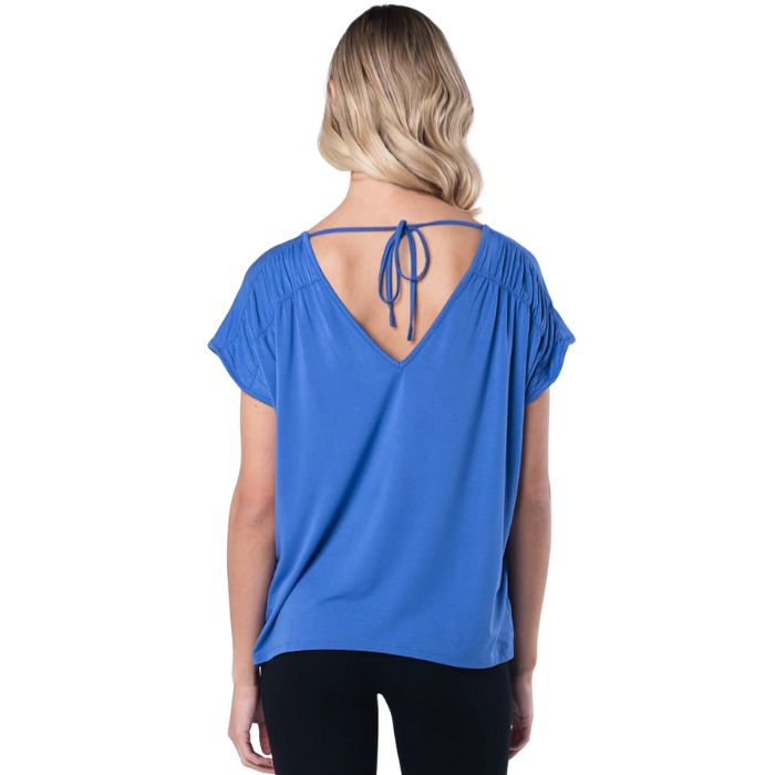 Alicia V neck top ocean blue back view top only on model