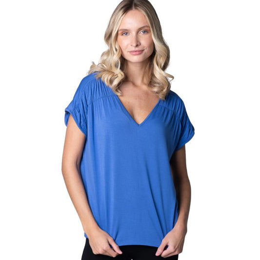 Alicia V neck top ocean blue front view top only on model