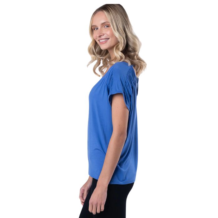 Alicia V neck top ocean blue side view top only on model
