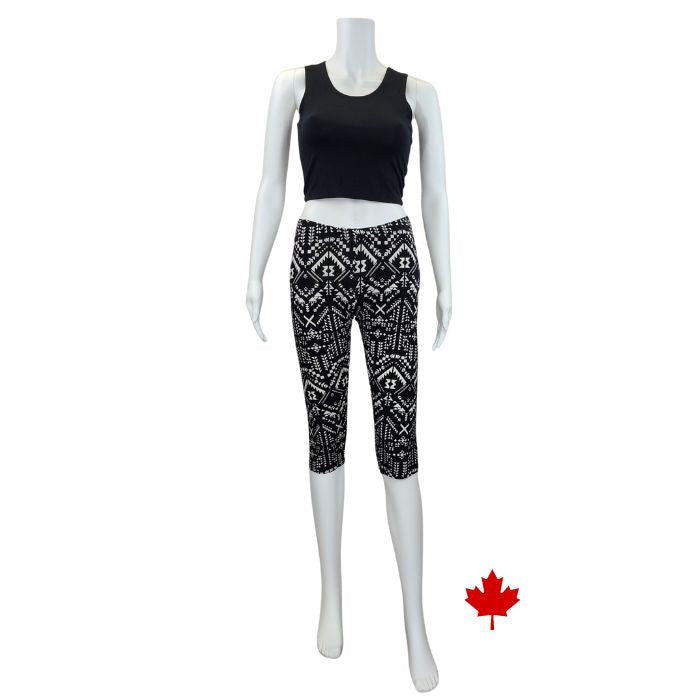 Elle 3/4 length leggings black and white geographic print full body front view of leggings on mannequin