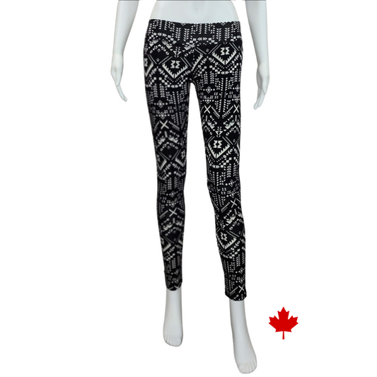 Eve full length yoga leggings black and white geographic print front view of leggings on mannequin