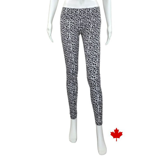 Eve full length yoga leggings black and white leopard print front view of leggings on mannequin
