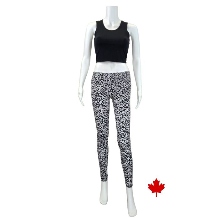 Eve full length yoga leggings black and white leopard print full body front view of leggings on mannequin
