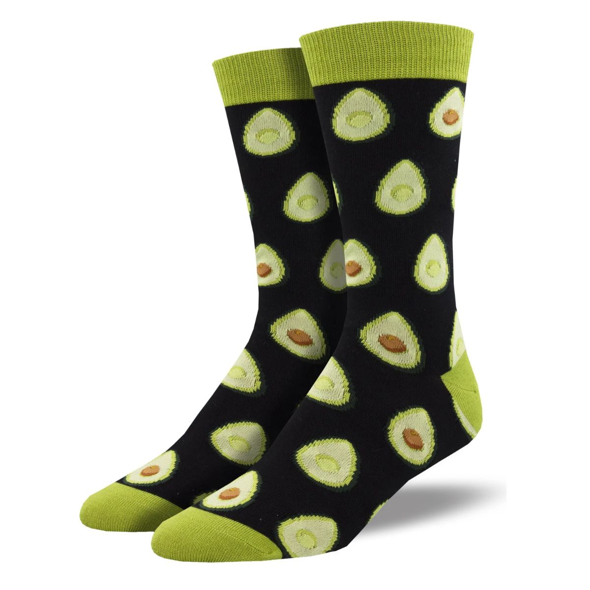 Any way you slice it socks a pair of black crew socks with halved avocado print