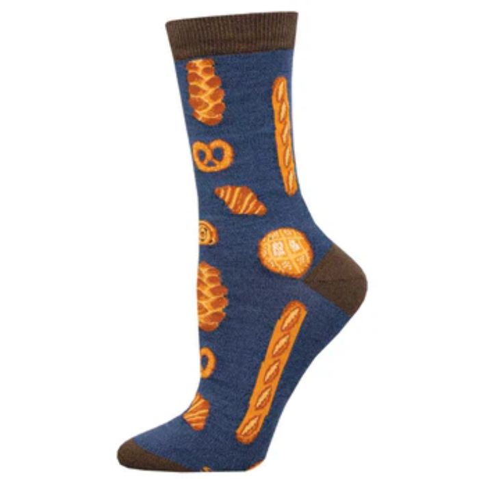Bakers dozen sock navy blue sock with baked goods print on white background