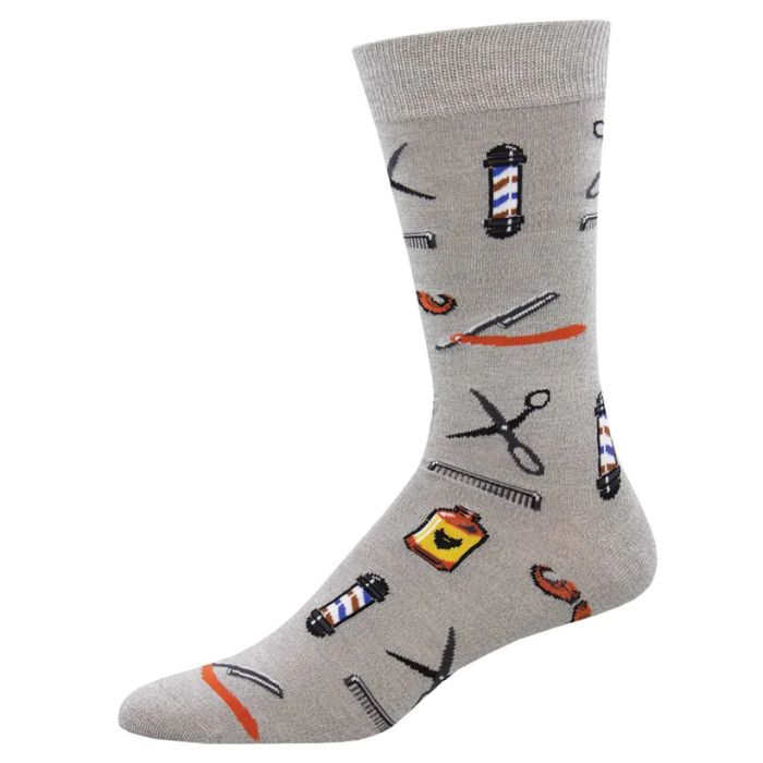 barber shop sock grey crew sock with barbershop tools print