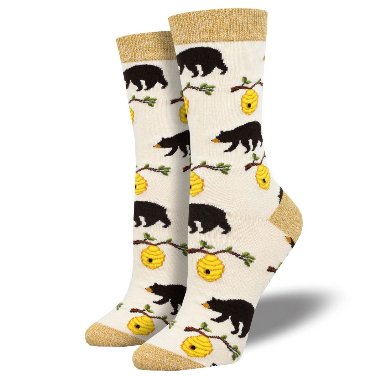 Bears and Bees Socks a pair of ivory white socks with bears and beehives print