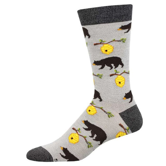 Bears and bees socks a pair of light grey socks with bears and beehives print
