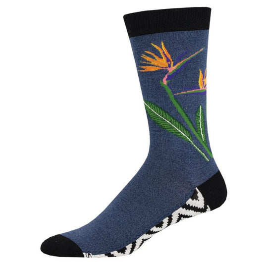 bird of paradise socks a pair of blue crew socks with bird and flower print