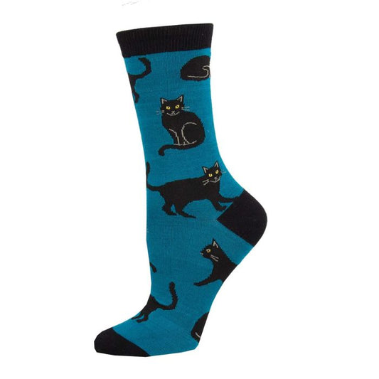 black cat sock blue crew sock with black cat print