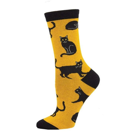 black cat sock yellow crew sock with black cat print