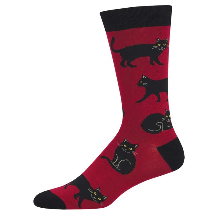 black cat sock red crew sock with black cat print