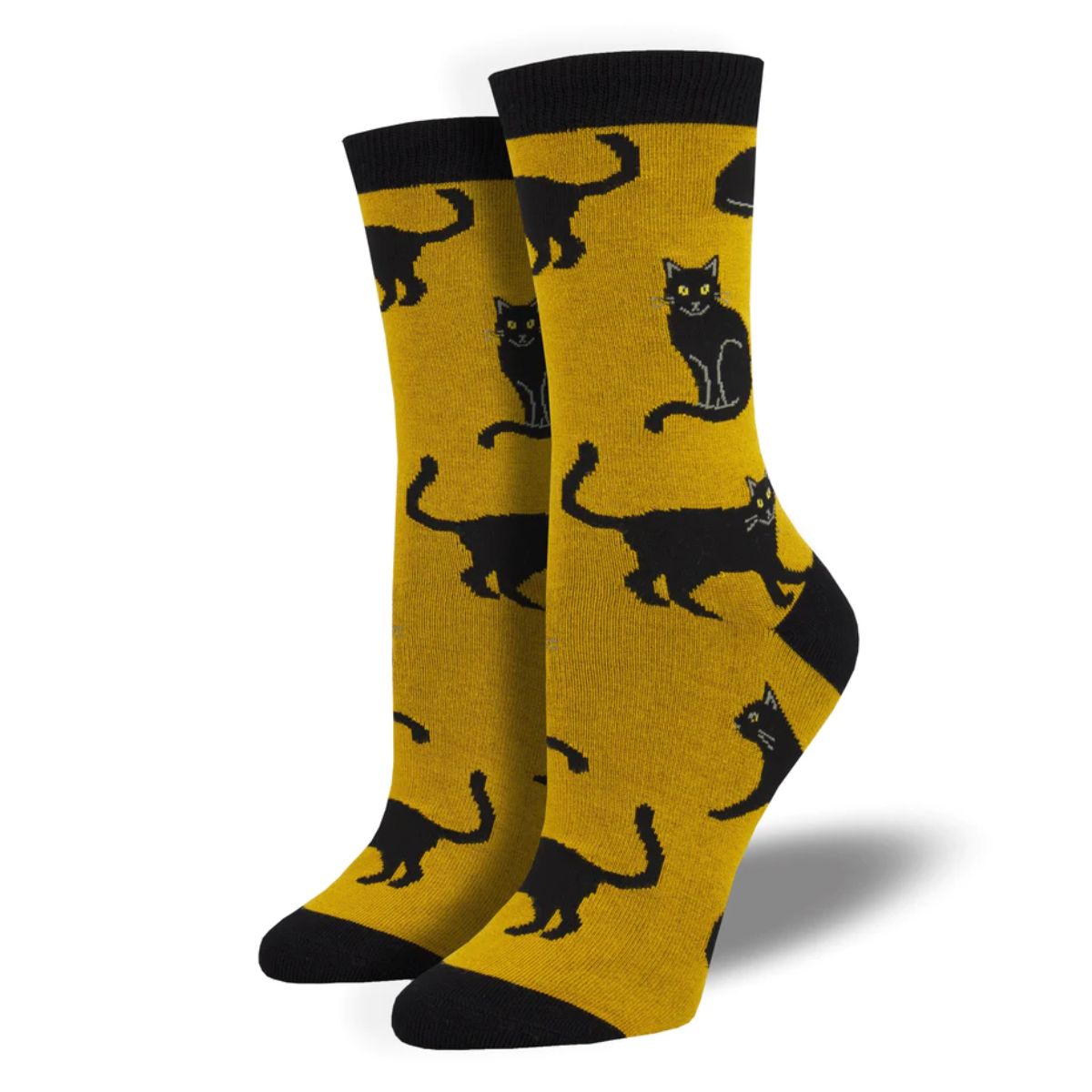 black cat socks a pair of yellow crew socks with black cat print