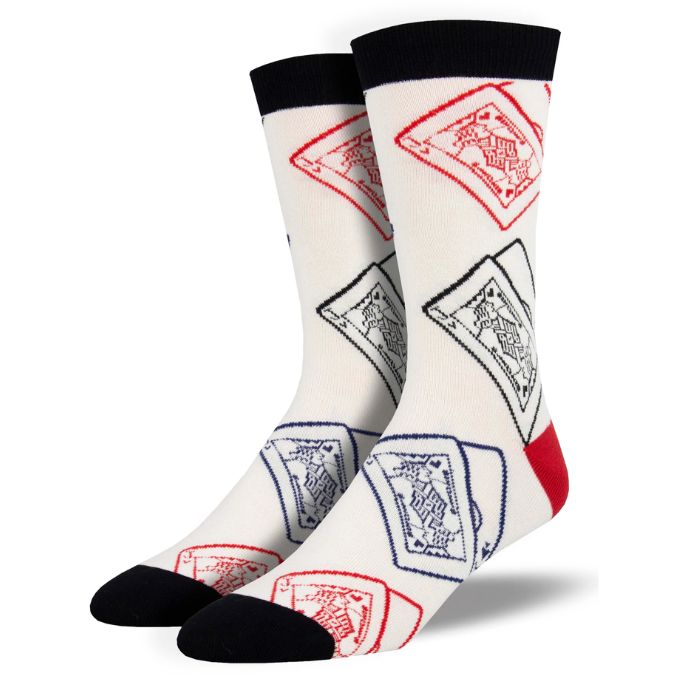 black jack socks a  pair of white crew socks with playing card print