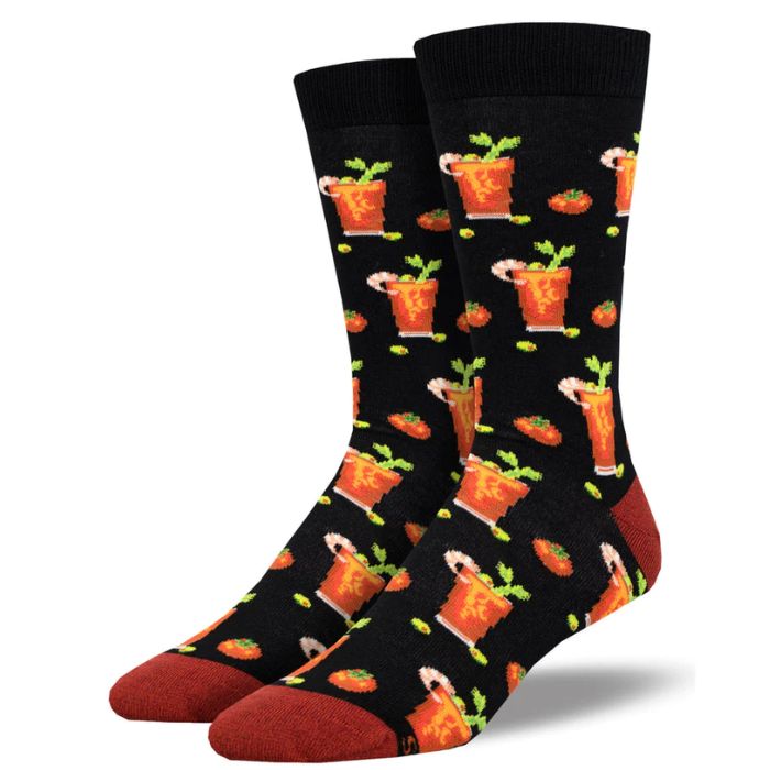 Bloody good drink socks a pair of black socks with bloody Mary drink print