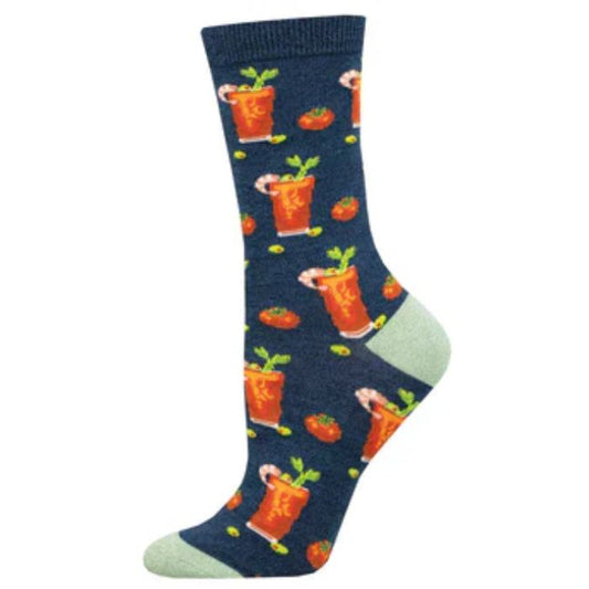 Bloody good drink sock navy blue sock with bloody Mary cocktail glass print