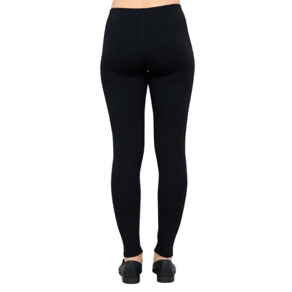 bottom of female model wearing bobbi black fleece leggings bsck view on white background