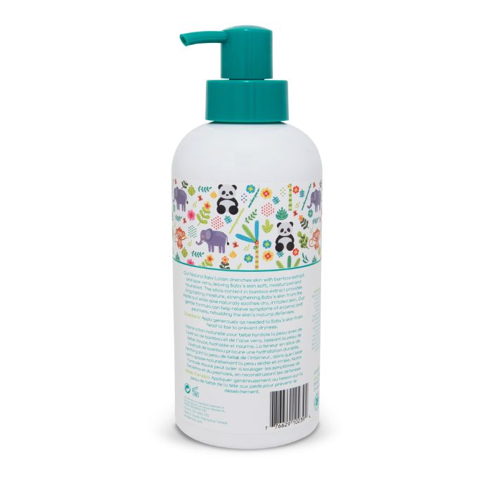 Natural baby lotion boo bamboo back view of 600ml bottle with pump. 