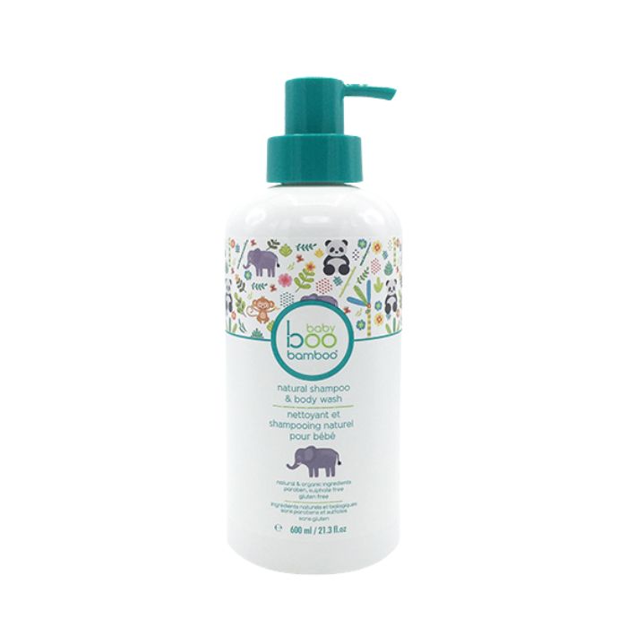 Natural baby shampoo and body wash cleanser boo bamboo front view of 600ml bottle with pump.