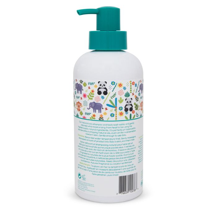 Natural unscented baby shampoo and body wash cleanser boo bamboo back view of 600ml bottle with pump.