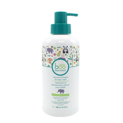 Natural unscented baby shampoo and body wash cleanser boo bamboo front view of 600ml bottle with pump.