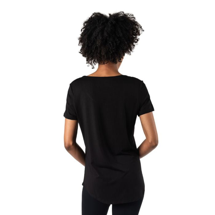 Brenda U-neck t-shirt black back view of top on model