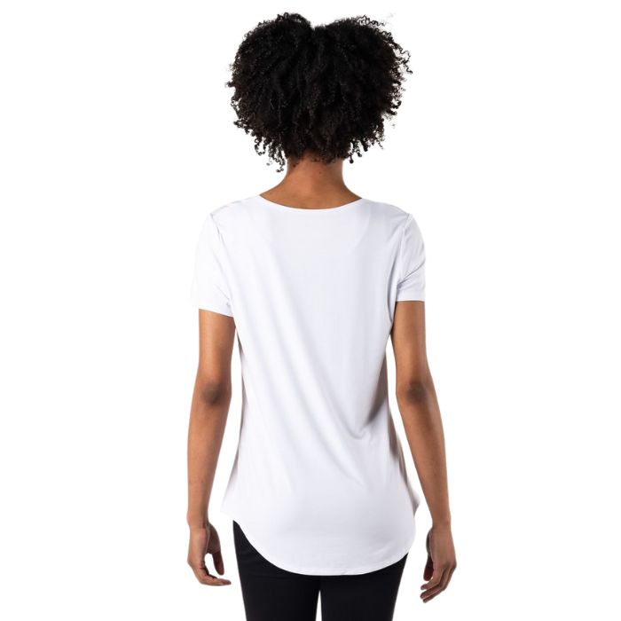 Brenda U-neck t-shirt white back view of top on model