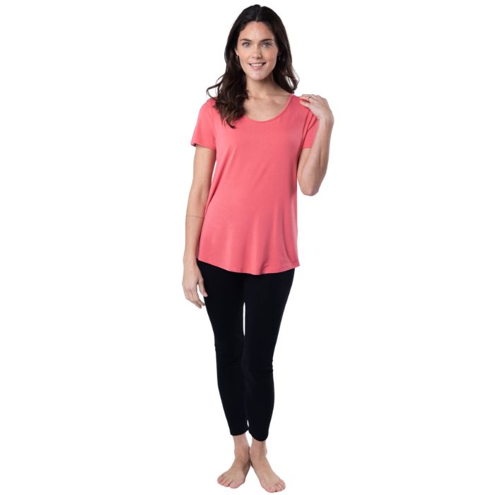 Brenda U-neck t-shirt top coral pink full body front view on model
