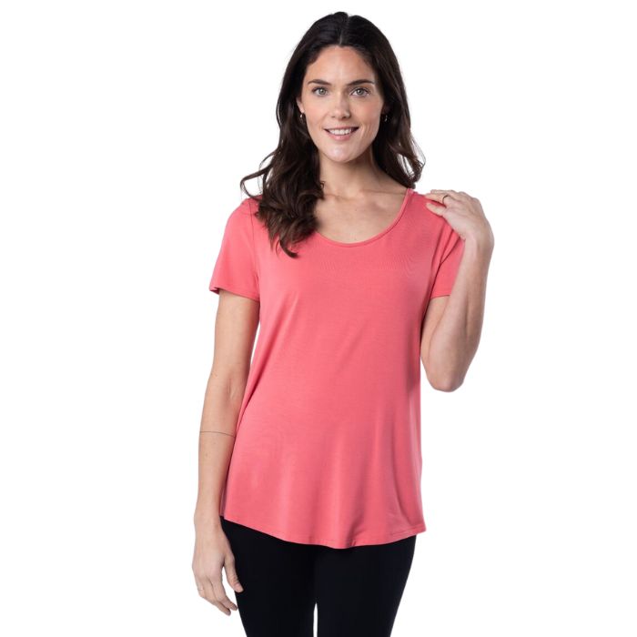 Brenda U-neck t-shirt top coral pink top only front view on model